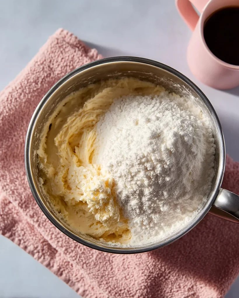 Soft cupcake batter with flour added in a silver mixing bowl, ready to be combined for the coconut cupcake recipe.