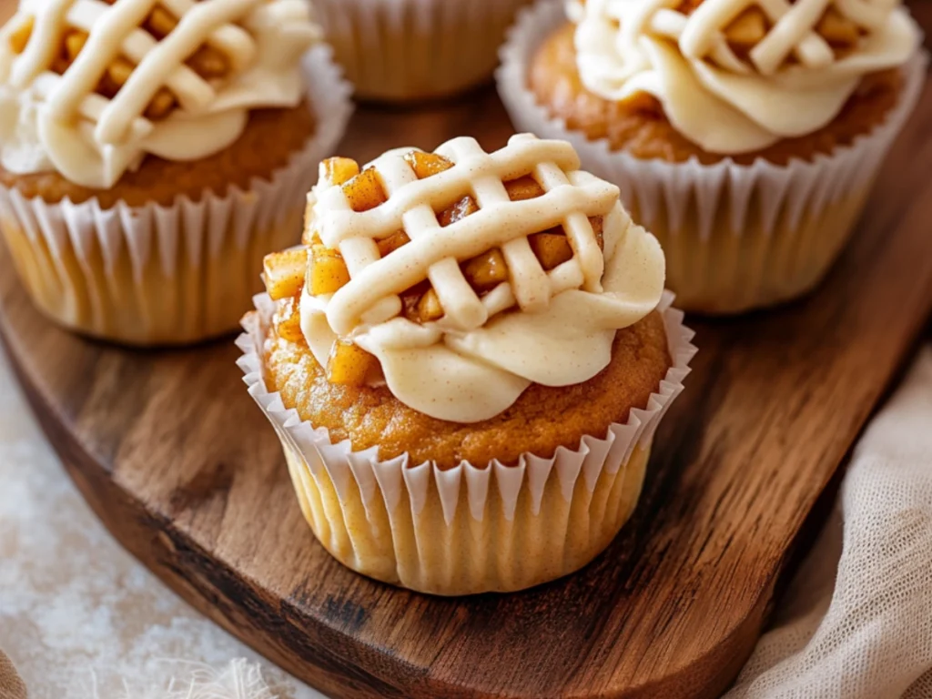 Freshly baked Apple Pie Cupcakes topped with cinnamon cream cheese frosting, filled with spiced apple filling, and garnished with a sprinkle of cinnamon.