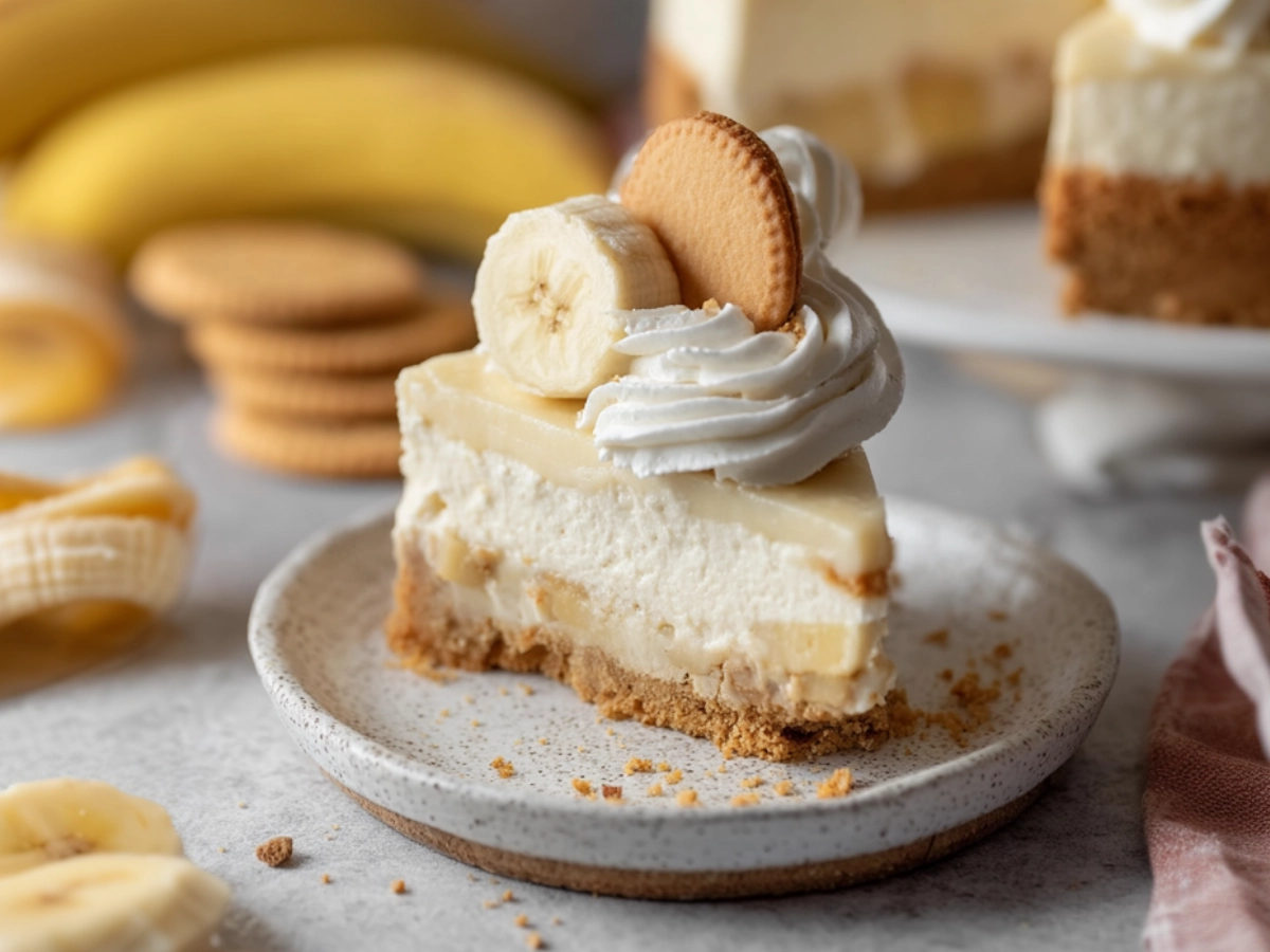 Slice of creamy banana pudding cheesecake topped with fresh banana, whipped cream, and Nilla wafer on a white plate, with bananas and cookies in the background.