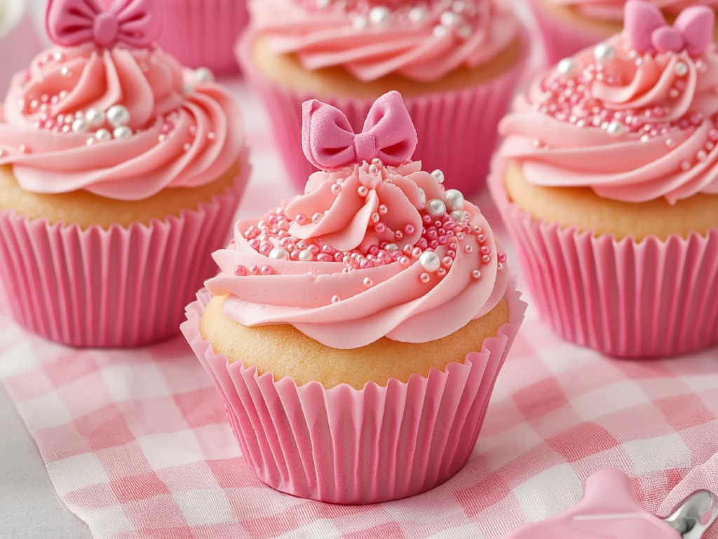 A batch of beautifully decorated Barbie cupcakes with pink buttercream swirls, glittery sprinkles, and hot pink liners, styled for a kids birthday party or Barbie-themed celebration.