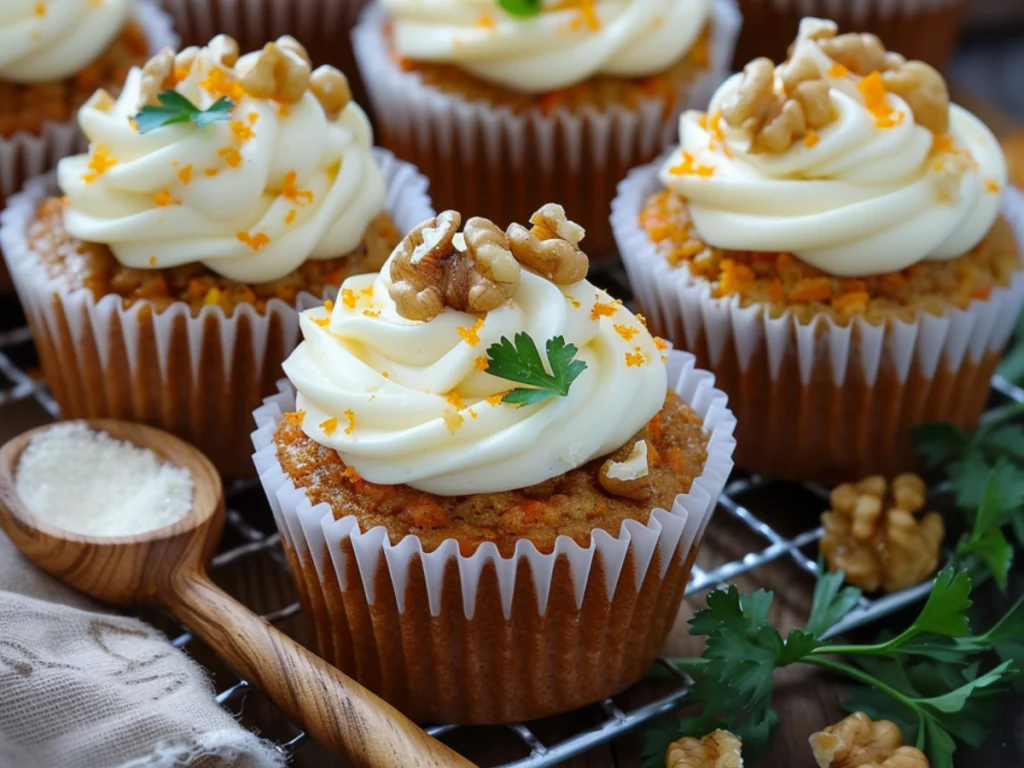Delicious gluten-free carrot cake cupcakes topped with creamy frosting and crushed walnuts, perfect for a sweet treat.