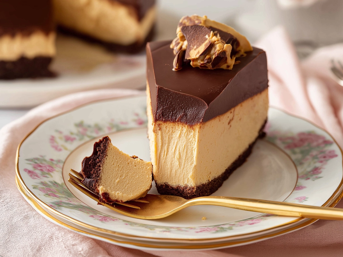A close-up of a decadent peanut butter cheesecake slice topped with silky chocolate ganache and crumbled peanut butter cups, served on an elegant floral porcelain plate with a gold rim and soft pink linen background.