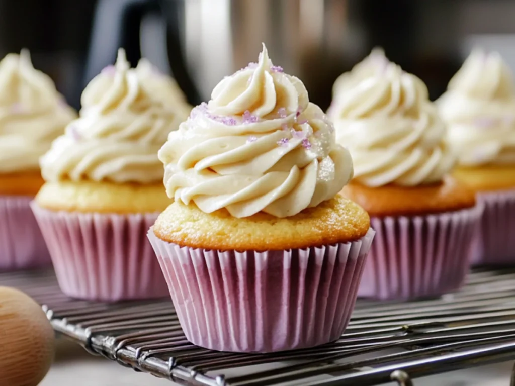 Sugar free cupcakes with silky sugar free frosting, made with allulose and sour cream, displayed on a cooling rack in a cozy kitchen setting.