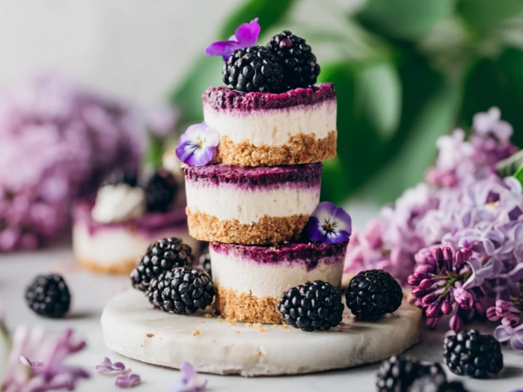 Single no-bake blackberry cheesecake cupcake with a creamy cashew filling and walnut-oat crust, topped with a fresh blackberry and purple flower.
