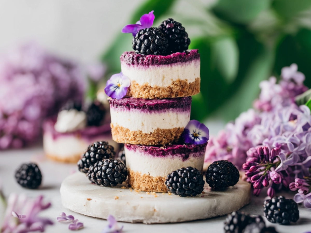 Single no-bake blackberry cheesecake cupcake with a creamy cashew filling and walnut-oat crust, topped with a fresh blackberry and purple flower.