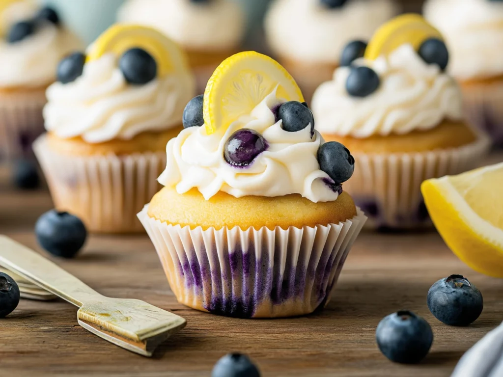 Blueberry cupcakes topped with lemon cream cheese frosting and garnished with fresh blueberries, perfect homemade summer dessert