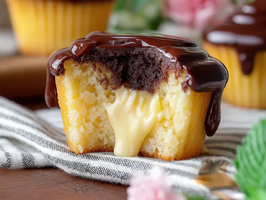 Boston Cream Cupcake sliced in half revealing creamy vanilla custard filling and topped with thick chocolate ganache.
