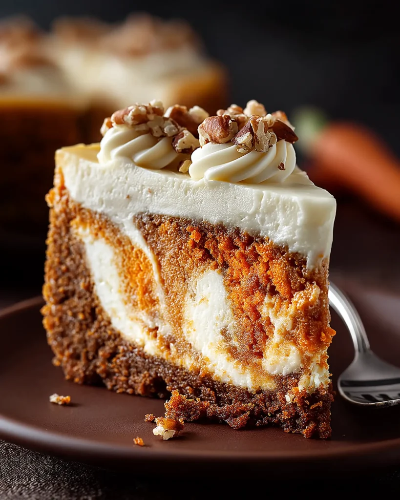 Close-up of a decadent carrot cake cheesecake recipe slice with creamy cheesecake swirls, spiced carrot cake base, smooth cream cheese frosting, and a sprinkle of chopped pecans on top.