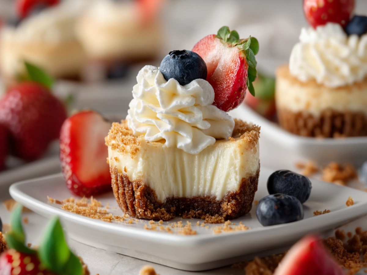 Mini cheesecake cupcakes with golden graham cracker crusts and creamy white cheesecake filling, displayed on a white plate with a drizzle of berry sauce and a sprinkle of crumbs.