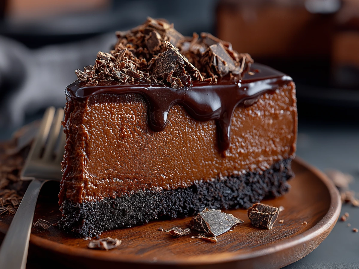 A rich and creamy chocolate cheesecake topped with glossy ganache, served on a rustic wooden board with scattered chocolate shavings and a cake slice ready to be enjoyed.