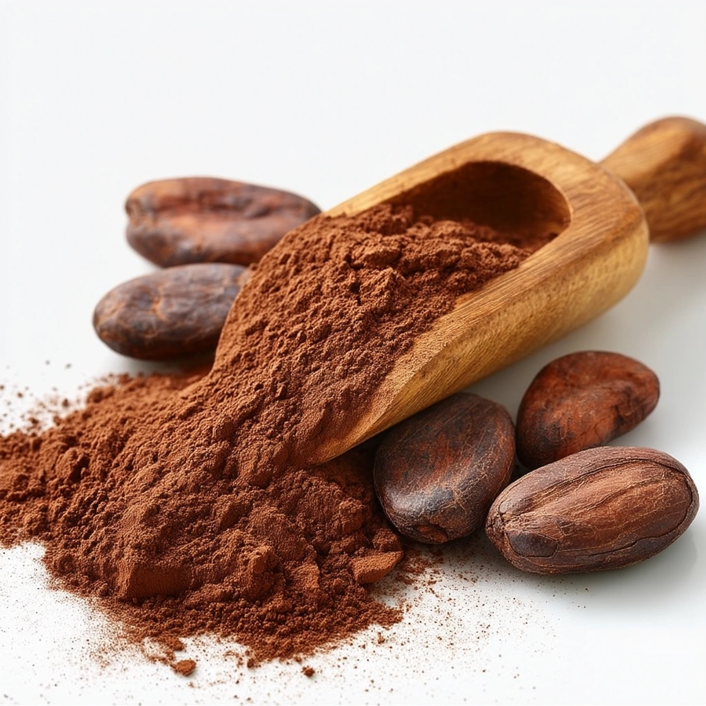 Rich cocoa powder spilling from a rustic wooden scoop next to whole cocoa beans on a clean white background for chocolate cheesecake cupcakes.