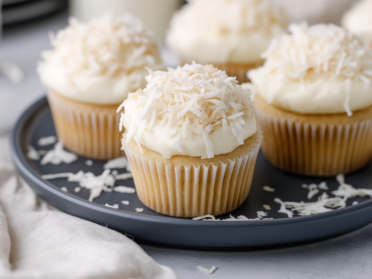 Moist coconut cupcake recipe topped with creamy coconut cream cheese frosting and sprinkled with shredded coconut, displayed on a dark blue ceramic plate, showcasing the easy coconut cupcake recipe.