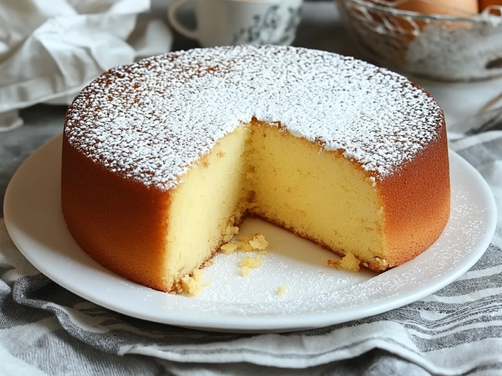 A golden, buttery condensed milk cake in a loaf pan, lightly dusted with confectioners' sugar, sitting on a wooden countertop.