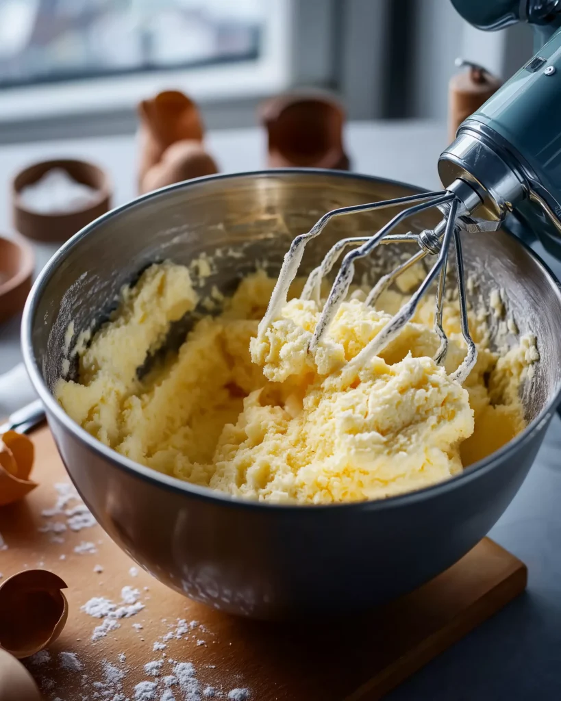 Creamed butter and sugar in a silver mixing bowl with a paddle attachment, the perfect start for making moist coconut cupcakes.