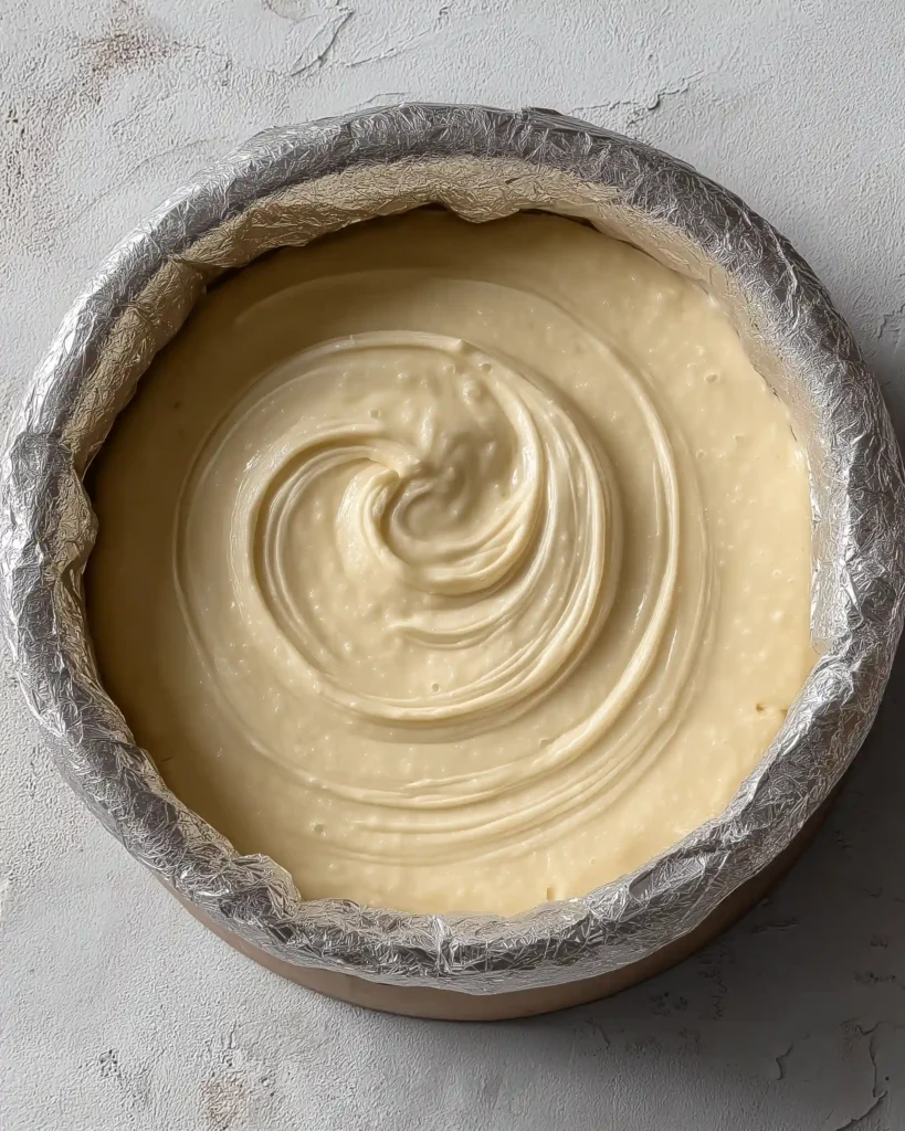 Unbaked banana pudding cheesecake batter poured into a foil-wrapped springform pan, ready for the oven.