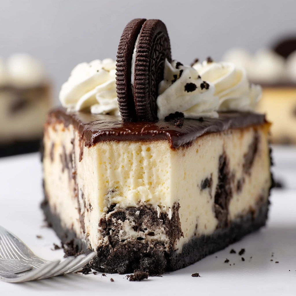 Close-up of a creamy Oreo Cheesecake slice with a thick Oreo cookie crust, rich cream cheese filling filled with Oreo chunks, topped with smooth chocolate ganache, whipped cream, and a whole Oreo cookie.
