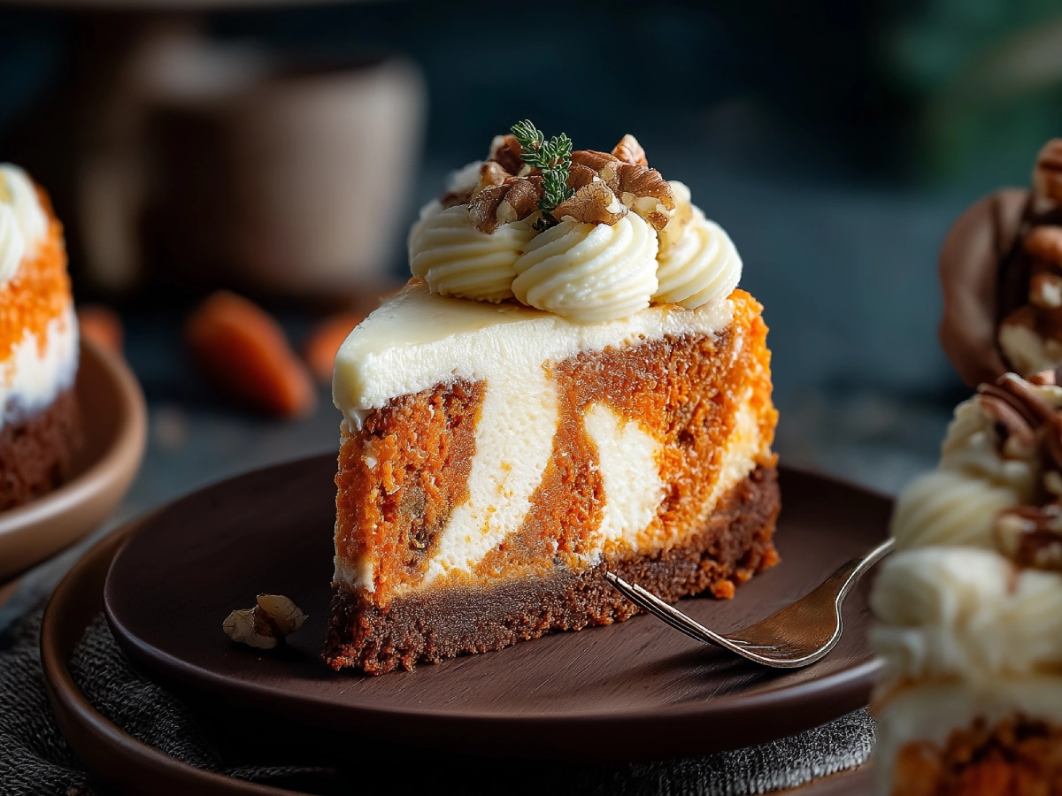 A slice of carrot cake cheesecake recipe with a creamy cheesecake center and spiced carrot cake base, topped with rich cream cheese frosting and chopped pecans.