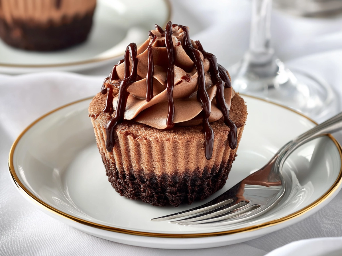 Decadent Chocolate Cheesecake Cupcakes with rich cocoa whipped topping and chocolate drizzle on a gold-rimmed dessert plate.