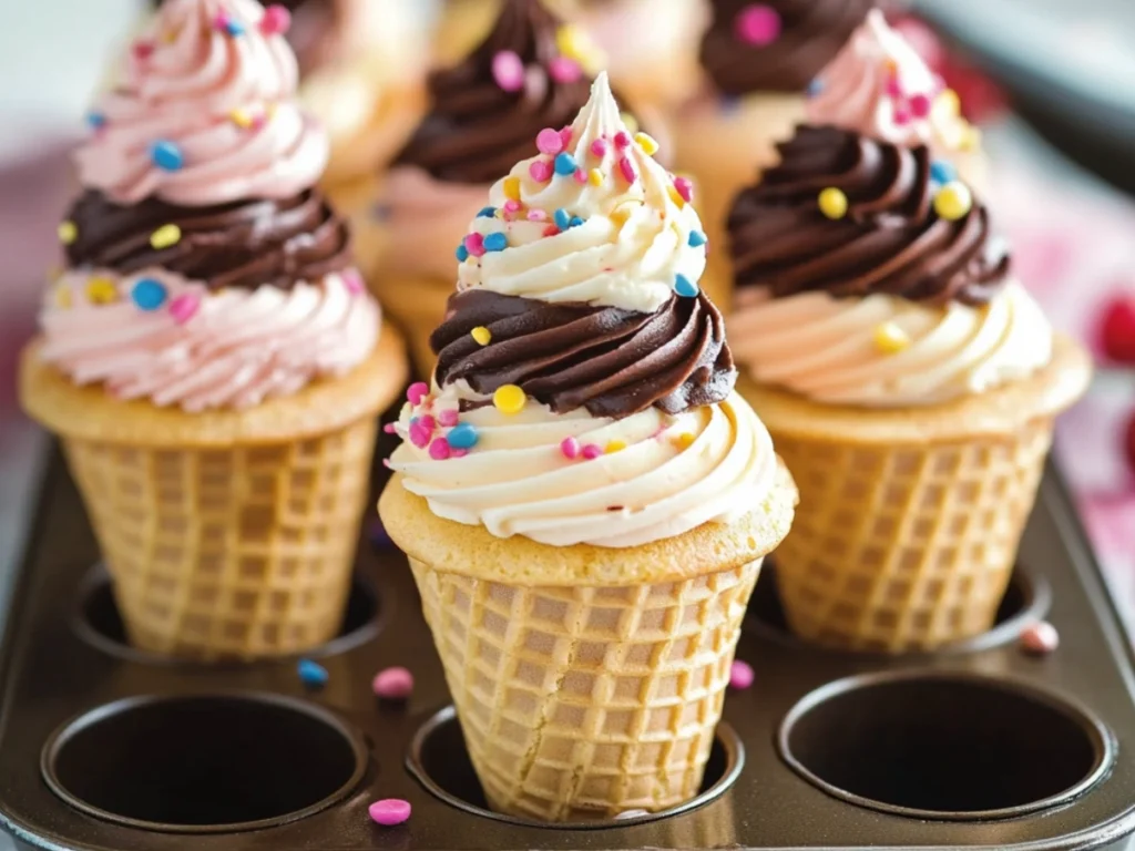 Ice cream cupcakes in cones topped with swirls of chocolate frosting and colorful sprinkles, served in a muffin tin.