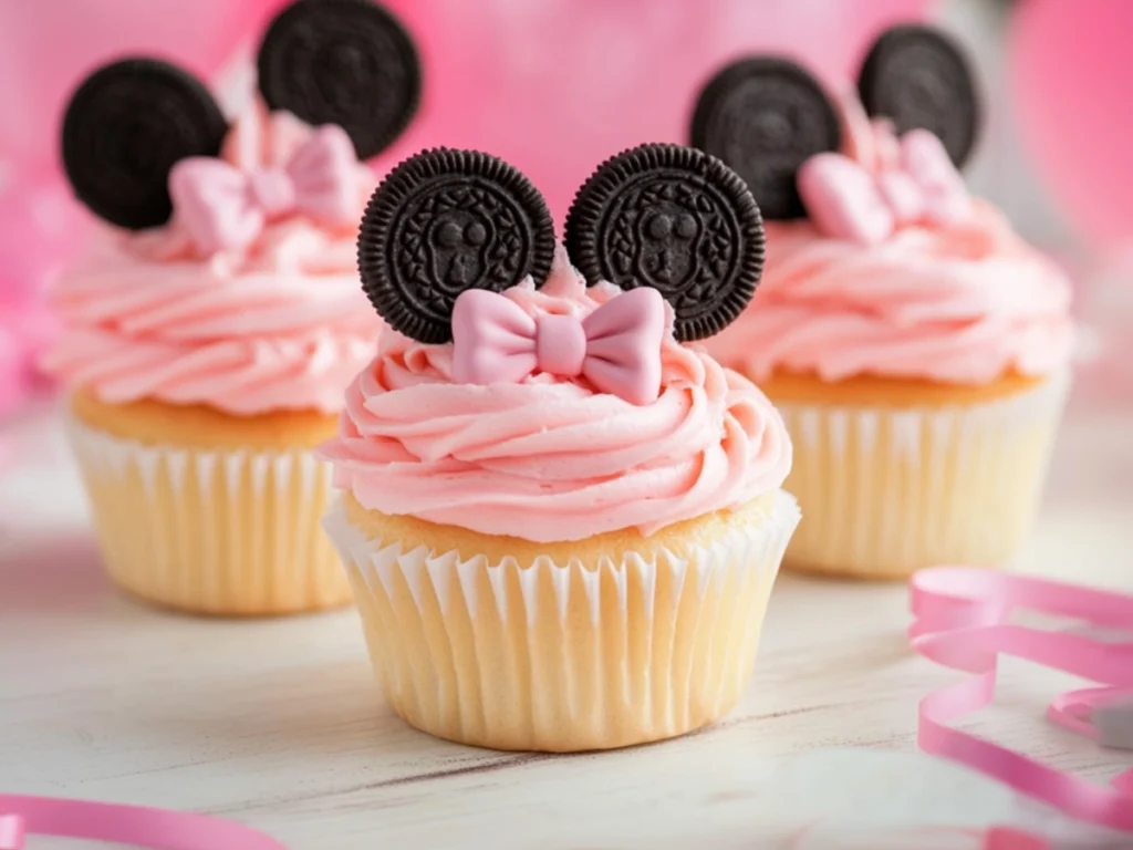 Cute Minnie Mouse Cupcakes decorated with pink frosting, Oreo cookie ears, and fondant bows, perfect for Disney-themed parties.