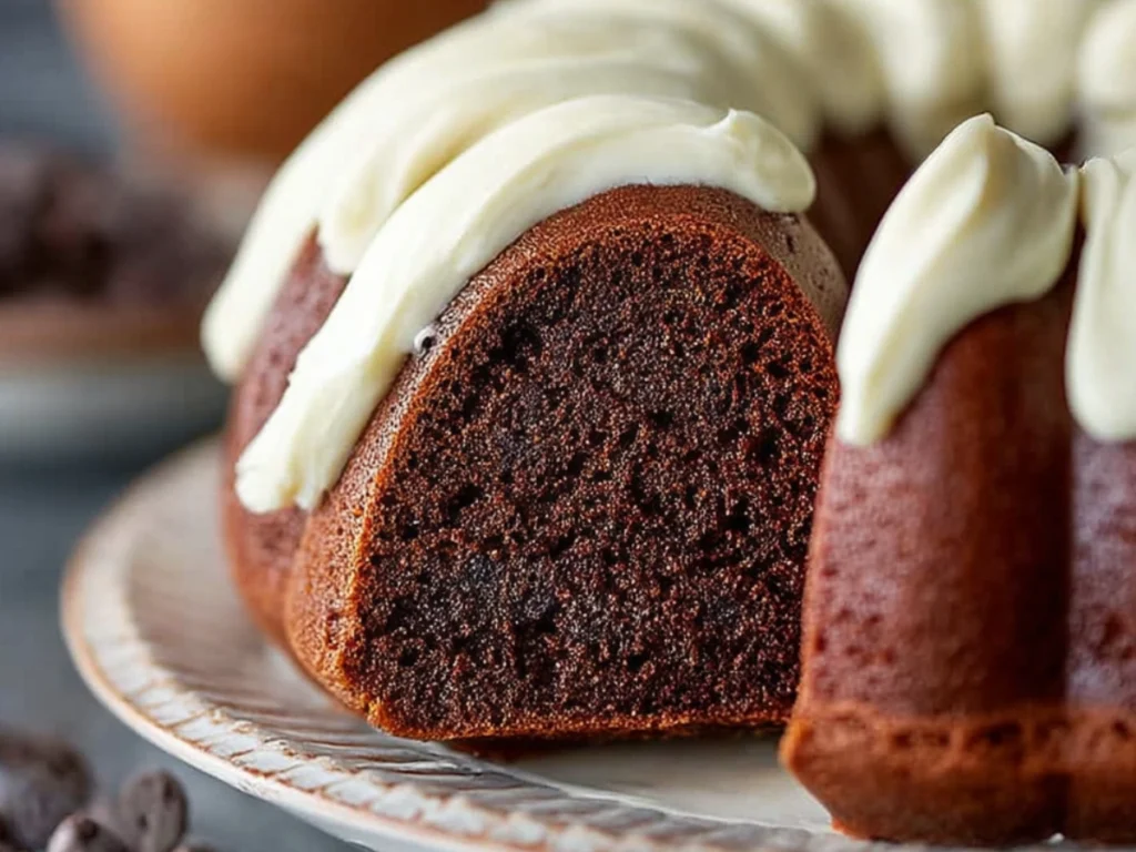 Moist chocolate nothing bundt cake copycat with cream cheese frosting in a bundt pan, perfect for birthdays or holidays
