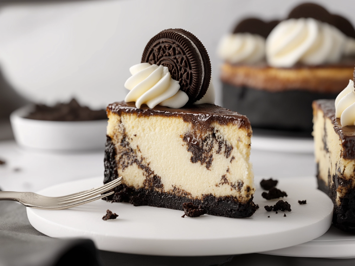 A rich and creamy Oreo cheesecake slice with a thick Oreo cookie crust, silky cheesecake filling swirled with Oreo chunks, topped with a smooth chocolate ganache layer, whipped cream, and a whole Oreo cookie.