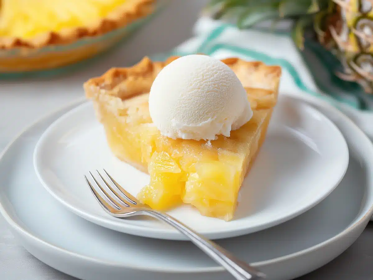 Slice of pineapple pie with vanilla ice cream on top, showcasing golden crust and rich pineapple filling.