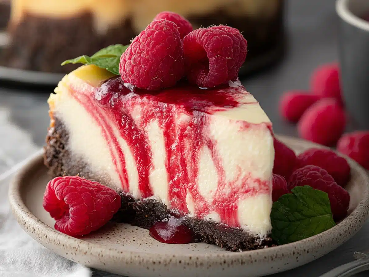 Slice of creamy white chocolate raspberry cheesecake topped with fresh raspberries and a drizzle of vibrant raspberry sauce on a white plate.