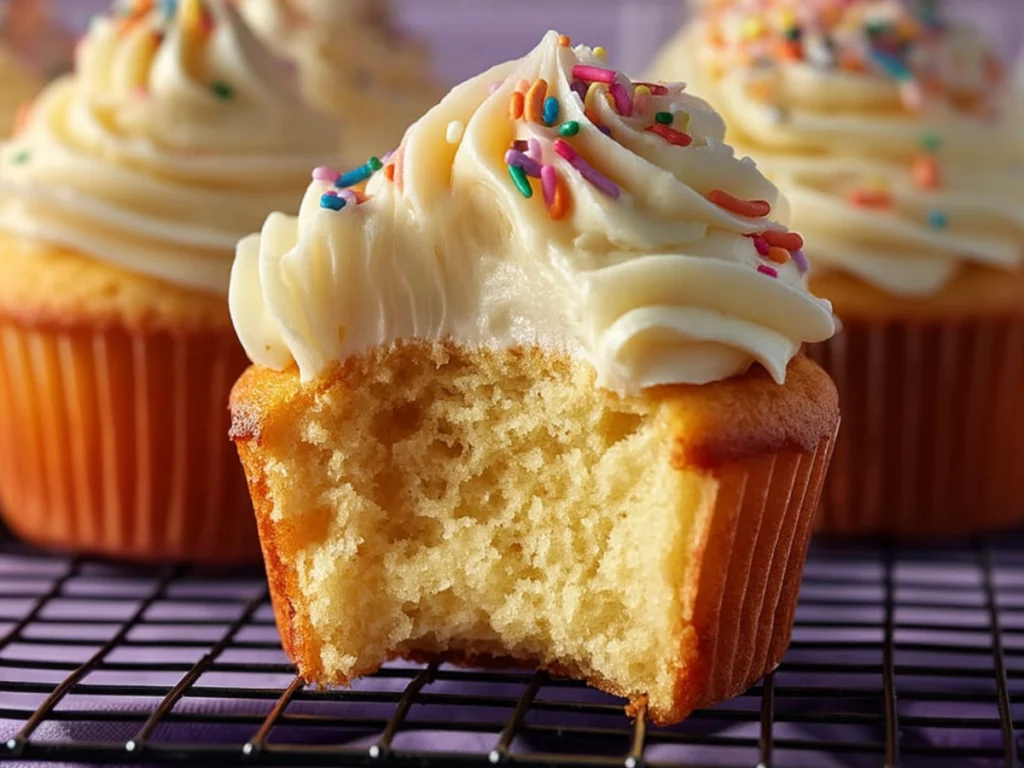 Moist yellow cupcake recipe with buttercream frosting and rainbow sprinkles, bitten to show fluffy vanilla crumb.