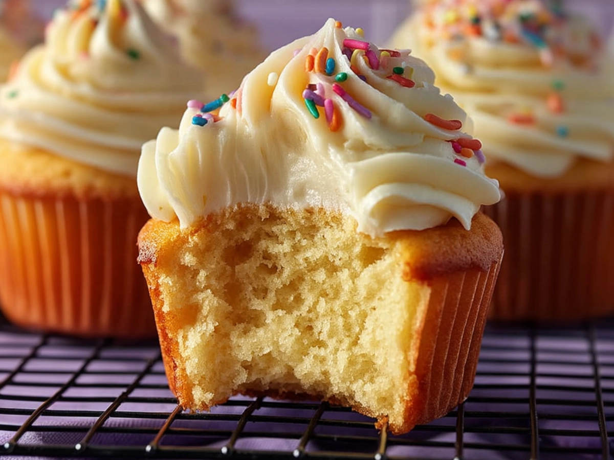 Moist yellow cupcake recipe with buttercream frosting and rainbow sprinkles, bitten to show fluffy vanilla crumb.