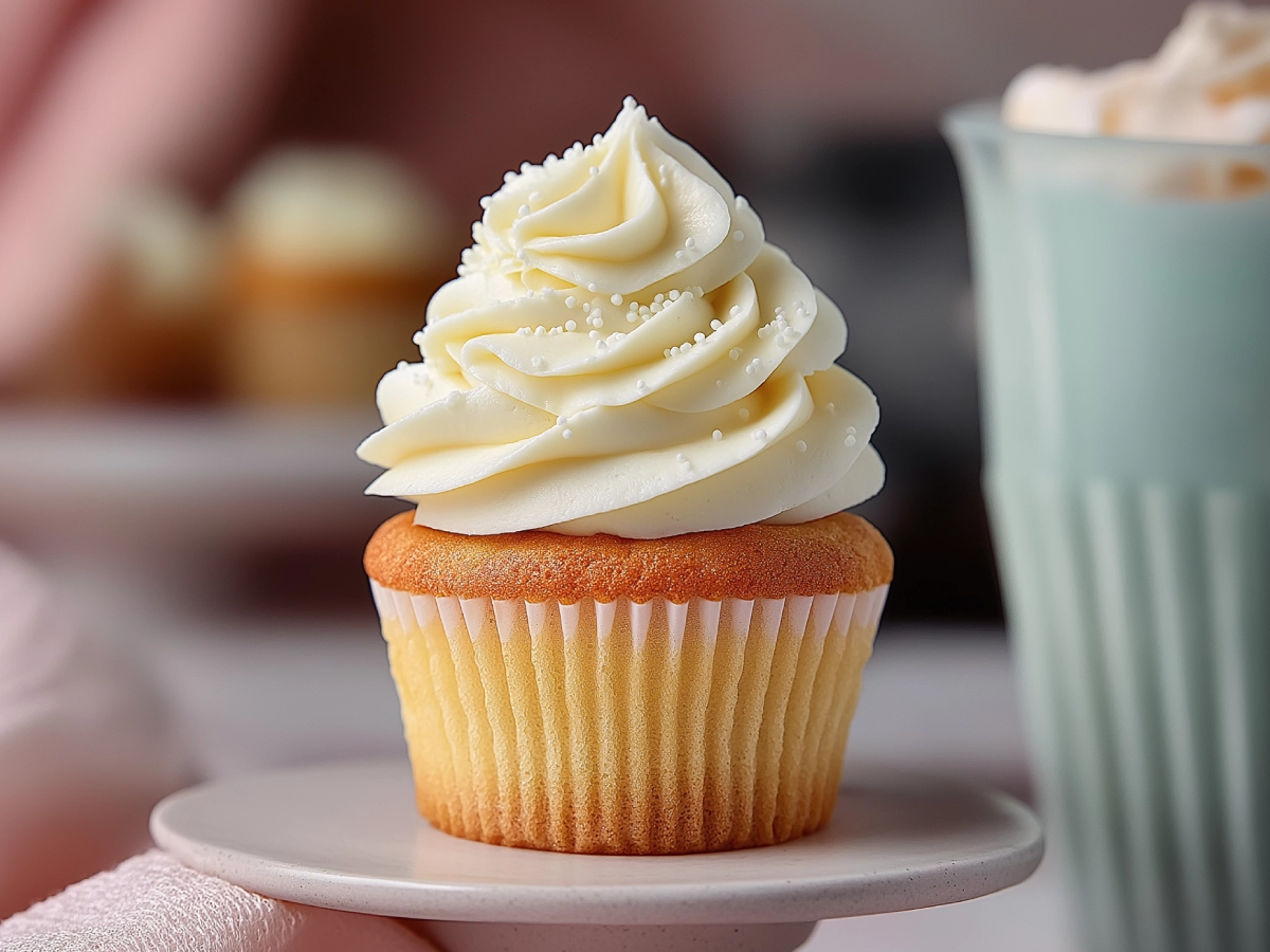 A beautifully frosted egg free cupcake recipe with a perfectly swirled vanilla buttercream, sitting in a pastel paper liner on a light textured background, showcasing a soft and fluffy crumb—ideal for eggless baking and allergy-friendly treats.
