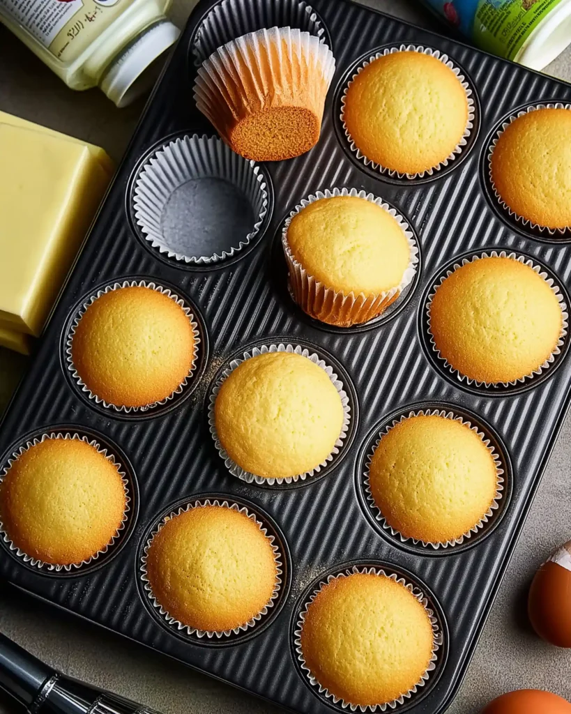Top-down view of a muffin tin filled with freshly baked egg free cupcakes, made with almond milk, soy yogurt, and applesauce, with various dairy-free baking ingredients scattered around on a textured countertop.