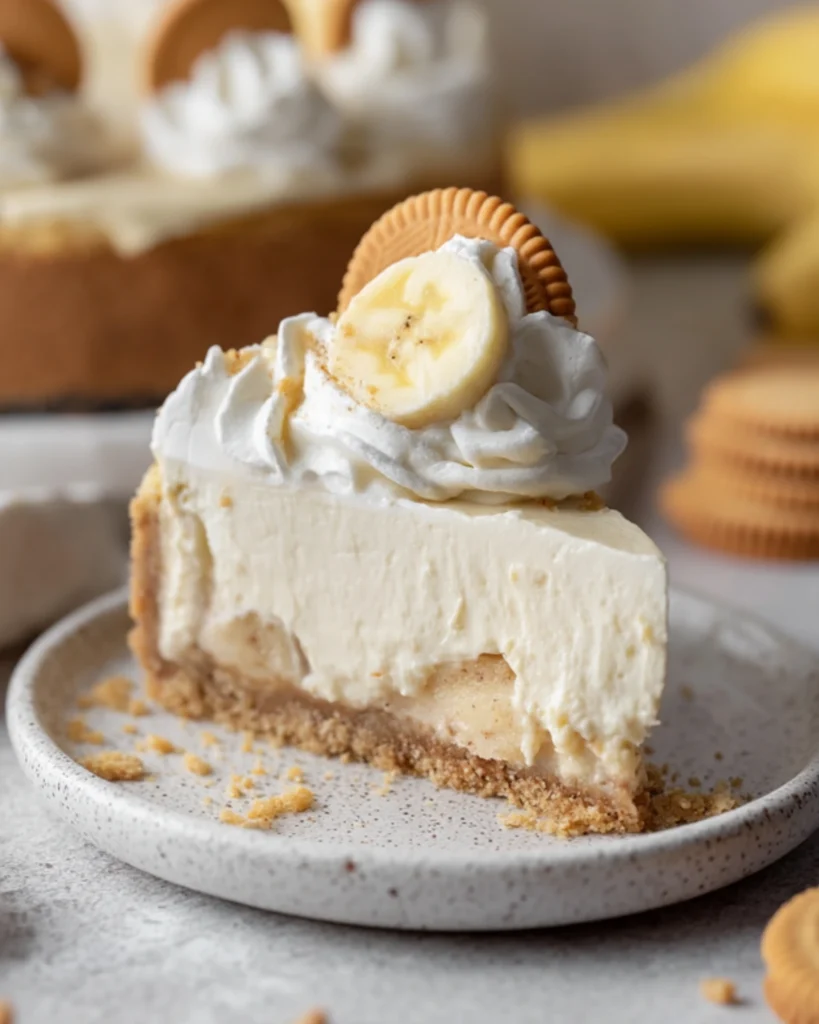 Unbaked creamy banana pudding cheesecake in a foil-wrapped springform pan, placed inside a roasting pan for a water bath on a rustic kitchen surface.
