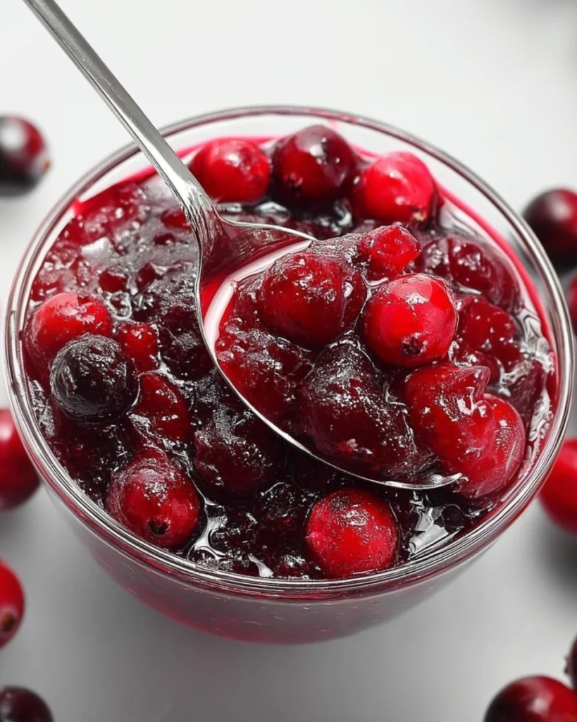 A glass bowl filled with chunky homemade cranberry sauce, featuring whole and crushed cranberries simmered in a rich, glossy red syrup, with a spoon resting inside.