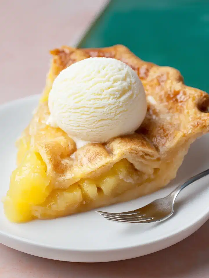 Thick slice of pineapple pie topped with vanilla ice cream on a white plate with fork.