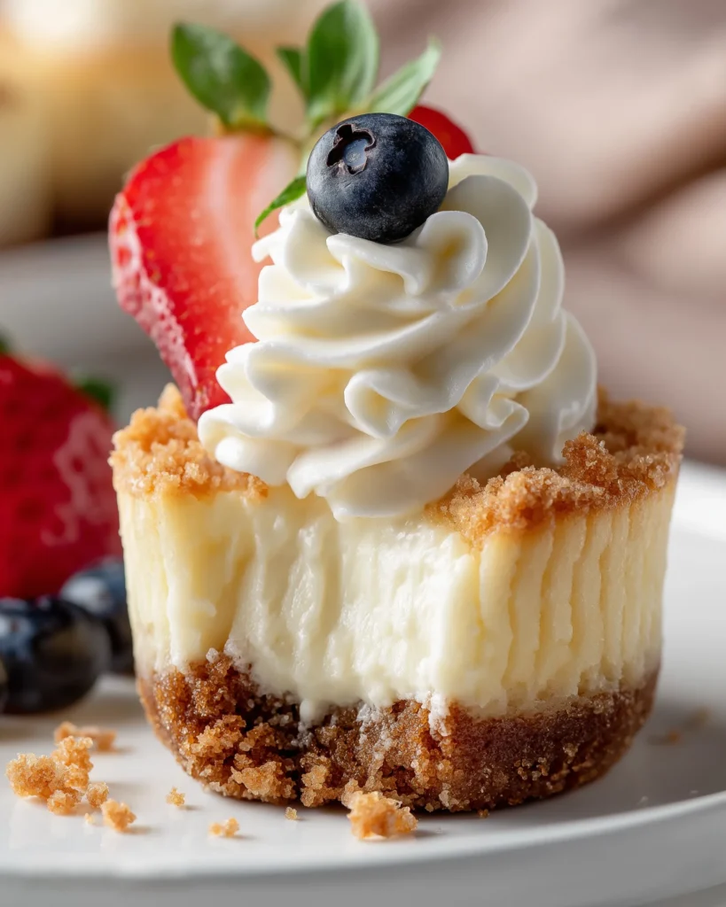 Mini cheesecake cupcakes recipe with a bite taken out, topped with whipped cream, a strawberry slice, and a blueberry, on a white plate with graham crumbs.