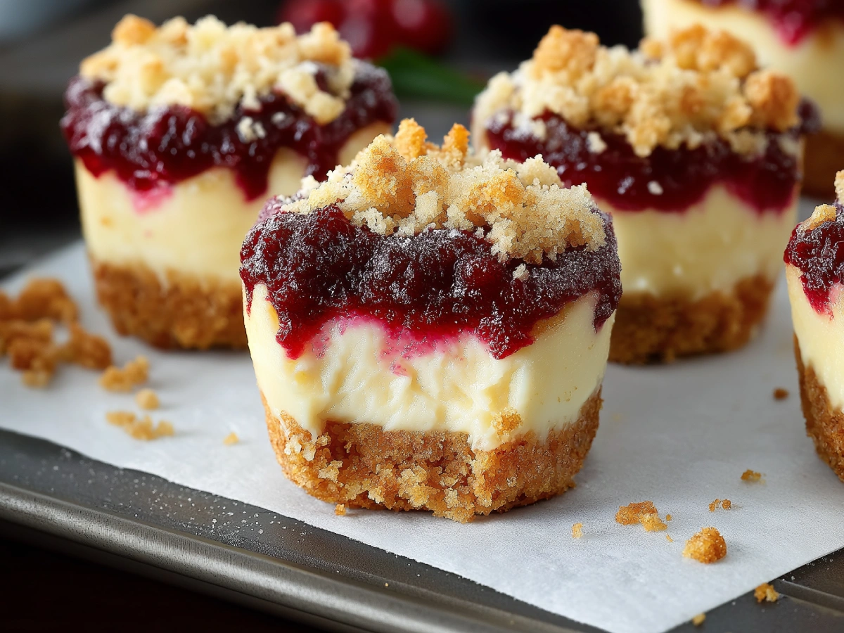 A close-up of festive mini cranberry cheesecakes with golden graham cracker crust, creamy vanilla filling, vibrant cranberry-orange swirl, and a crumbly streusel topping served in a muffin tin.