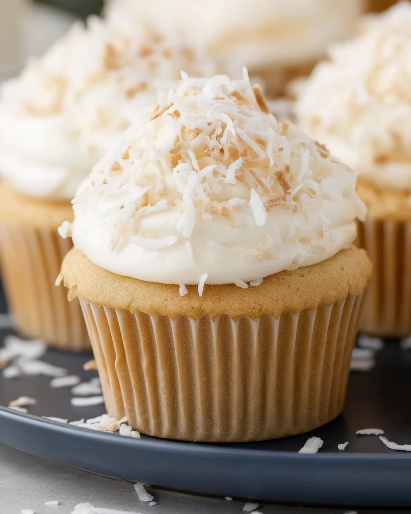 Cupcake batter in a large silver bowl with dry ingredients being gently mixed for an easy coconut cupcake recipe.