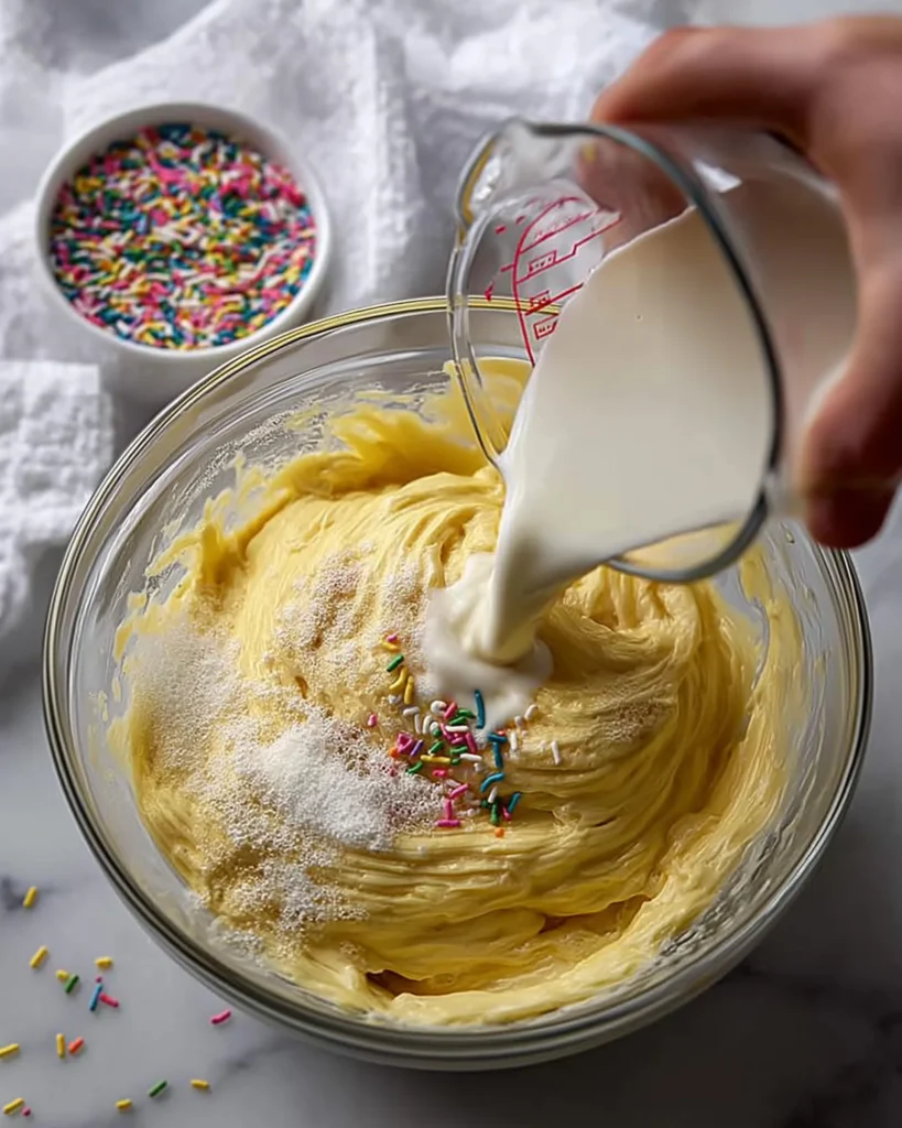 Pouring milk into yellow cupcake batter in a glass mixing bowl, prepping homemade vanilla cupcakes.