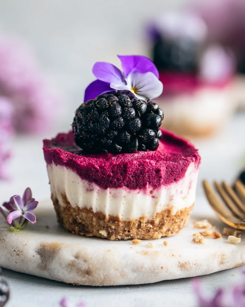 Single no-bake blackberry cheesecake cupcake with creamy cashew filling and walnut-oat crust, topped with a juicy blackberry and purple edible flower.
