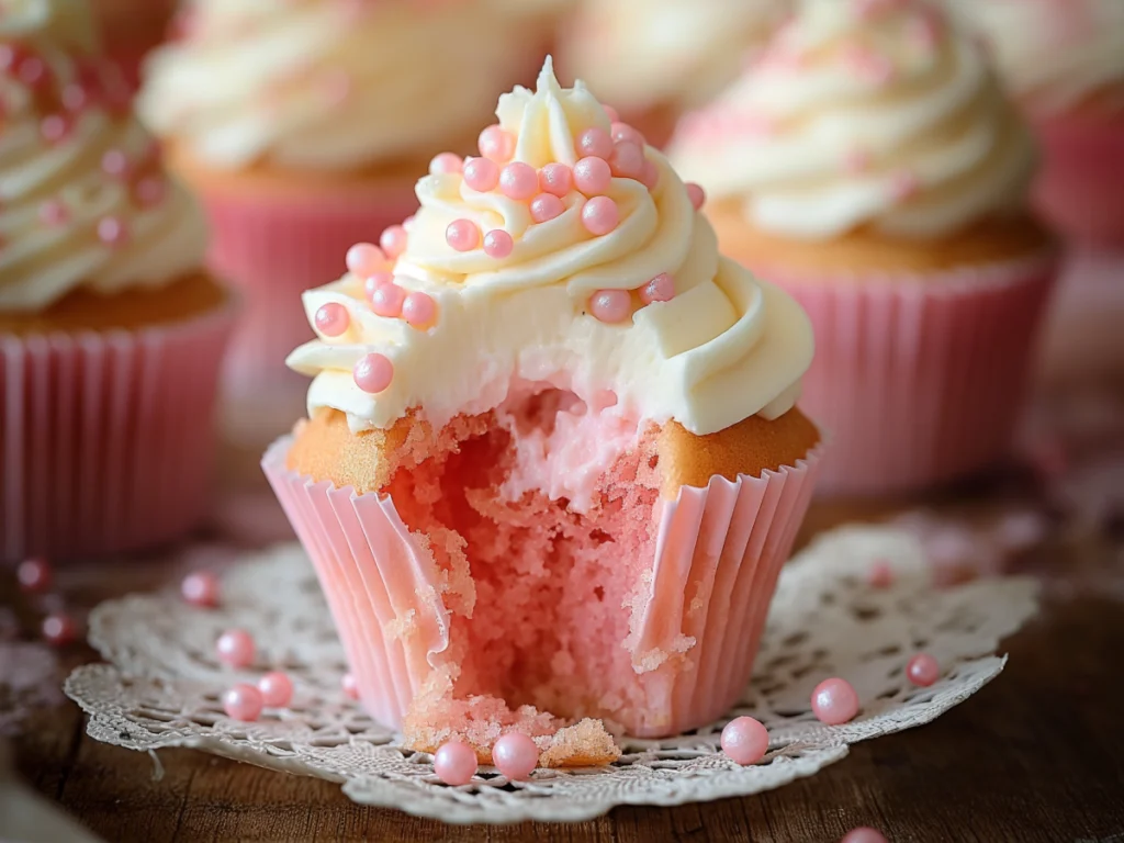 Pink cupcakes being mixed with buttermilk and food coloring, then scooped and baked to perfection.