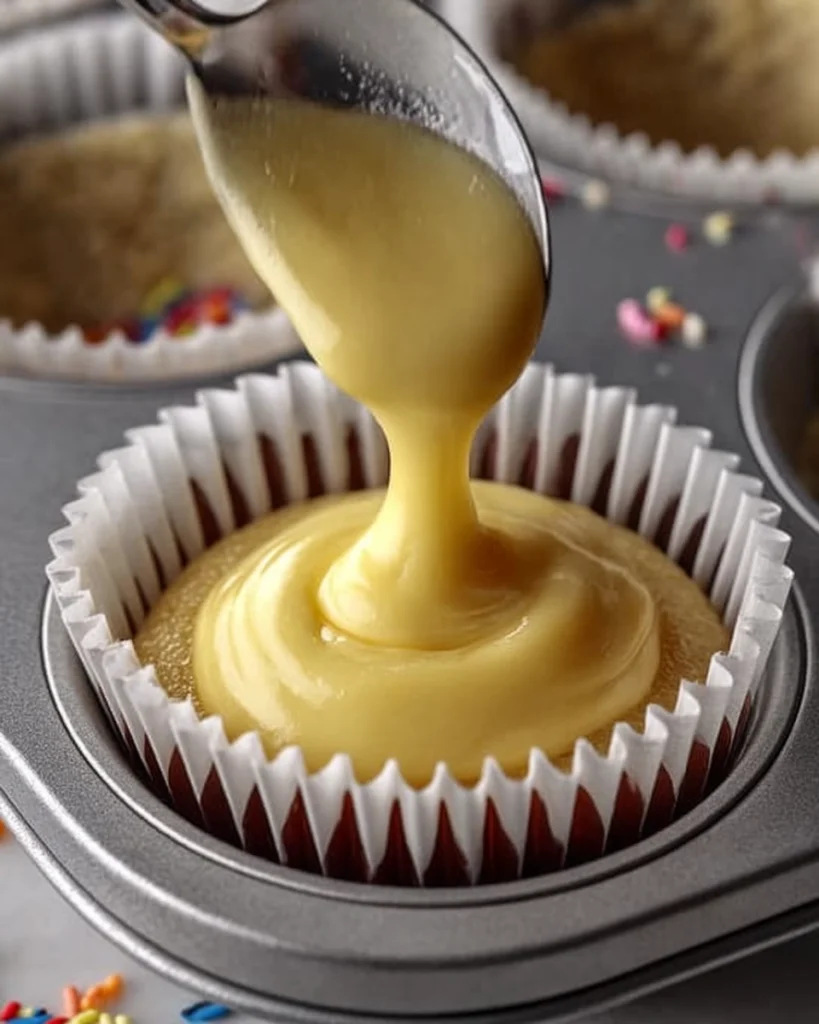 Pouring yellow cupcake batter into paper liners for baking homemade vanilla cupcakes.