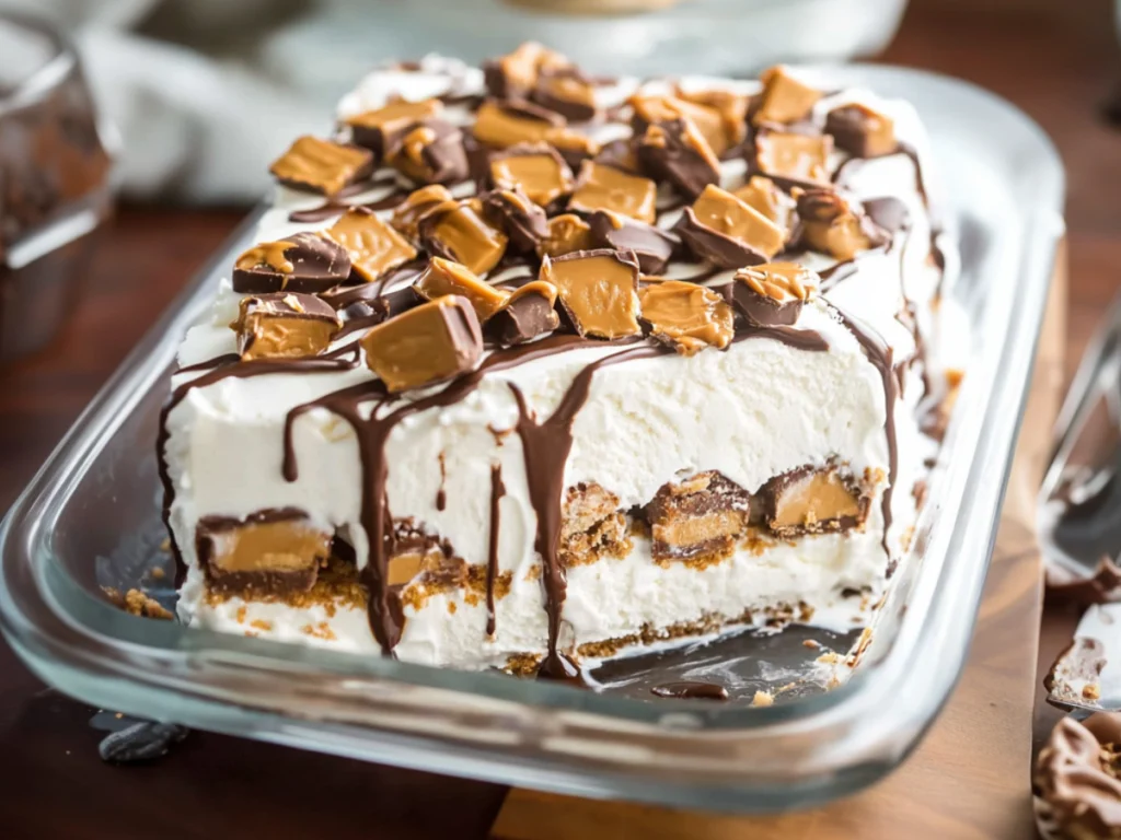 Reese’s ice cream cake with layers of vanilla ice cream sandwiches, peanut butter drizzle, whipped topping, and chopped Reese’s peanut butter cups.