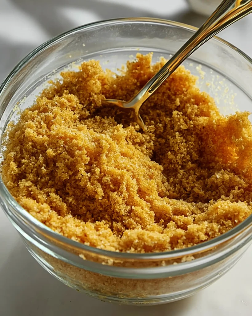 Crumbly graham cracker crust mixture in a glass bowl with a spoon, ready to be pressed into a pie pan.