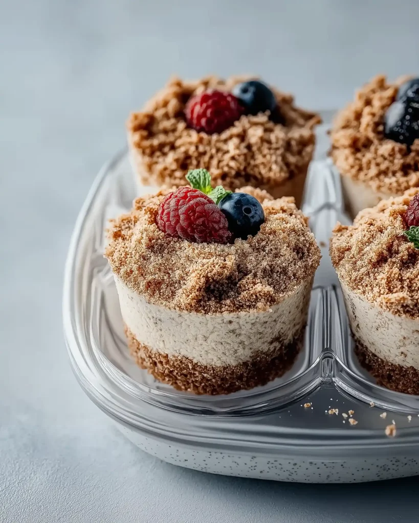 Mini vegan cheesecakes topped with fresh raspberries, blueberries, and mint leaves on a white plate with a rustic almond crust, perfect for a healthy dessert option.