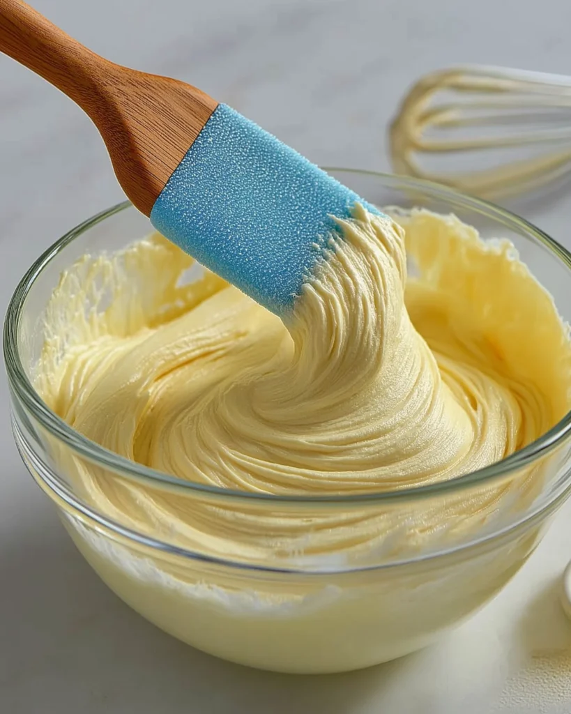 Smooth cheesecake filling in a glass bowl being folded with a silicone spatula, ready for mini cranberry cheesecakes.