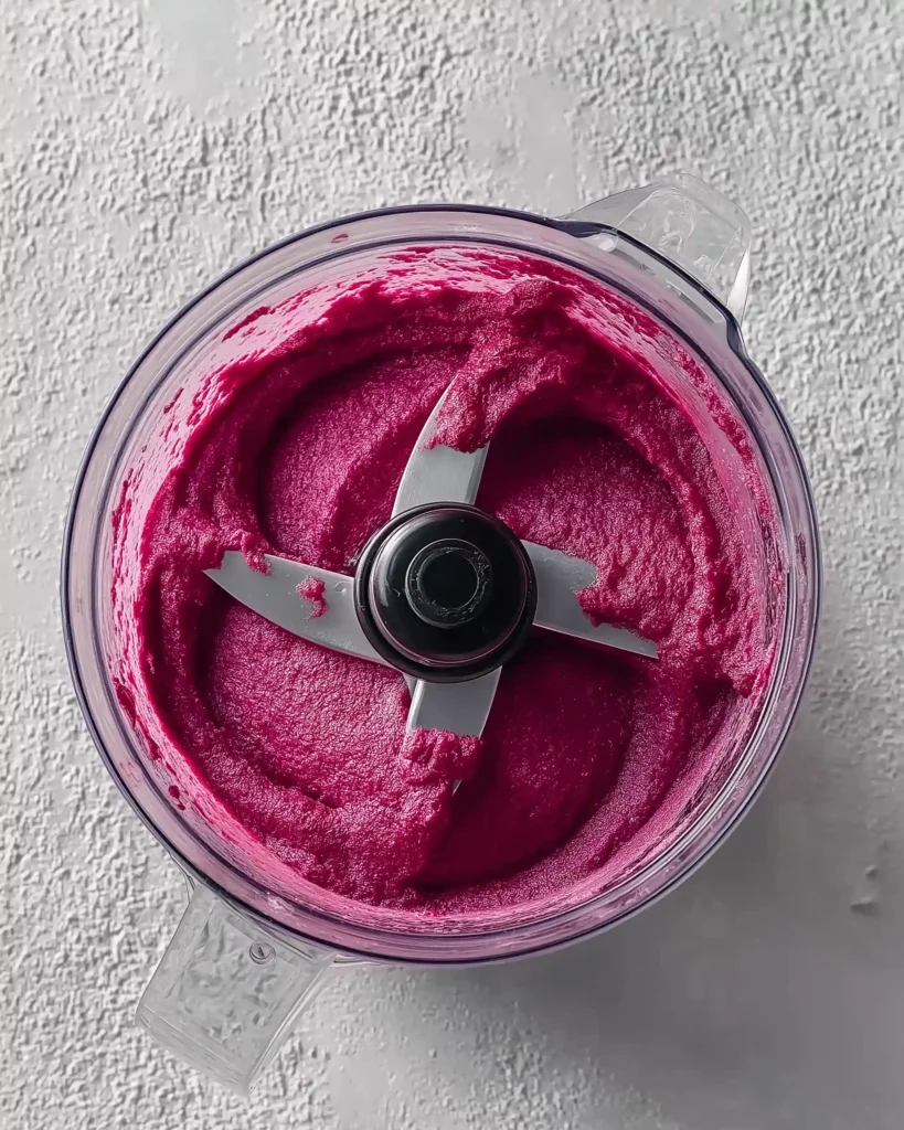 Thick vibrant magenta raw vegan blackberry cheesecake filling inside a clear blender, viewed from above, ready for no-bake dessert preparation.