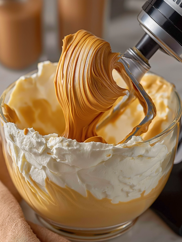 A close-up view of creamy peanut butter being added into a stand mixer bowl filled with whipped cream cheese, preparing the filling for a homemade peanut butter cheesecake.