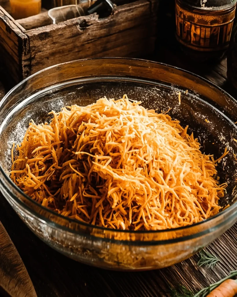 A glass mixing bowl filled with freshly prepared carrot cake batter featuring finely grated carrots, cinnamon, and brown sugar, with a wooden spoon folding the spiced mixture on a rustic kitchen counter.