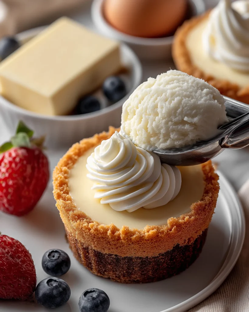 Smooth cheesecake batter being spooned into cupcake liners over graham cracker crusts.